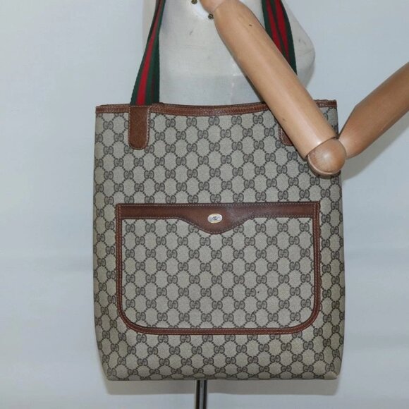 GUCCI GG Supreme Web Sherry Line Tote Bag PVC Beige - Picture 15 of 16